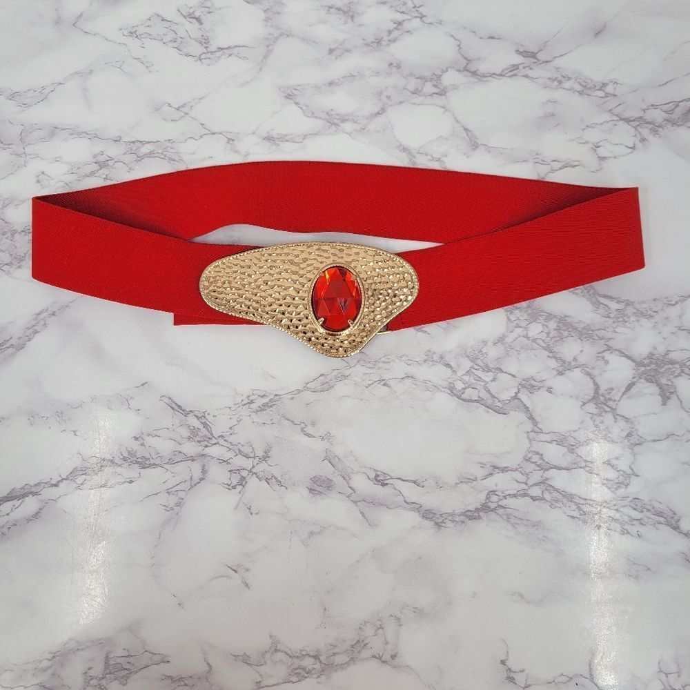 Vintage 80s Red Stretch Belt with Hammered Metal Gold Buckle Red Gem